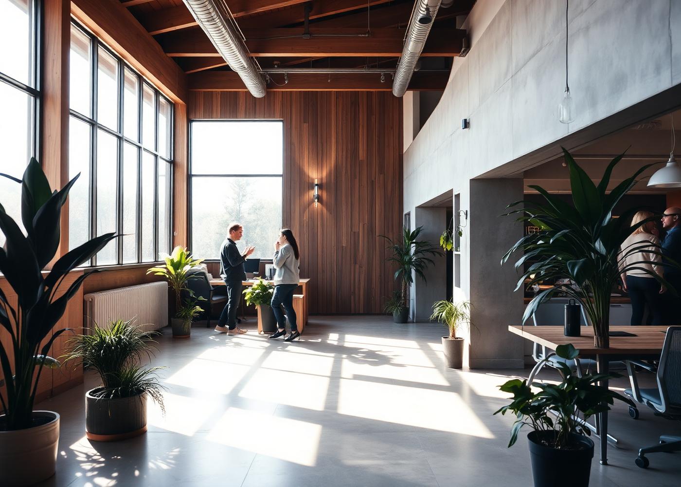 Sunlit modern office interior with people talking